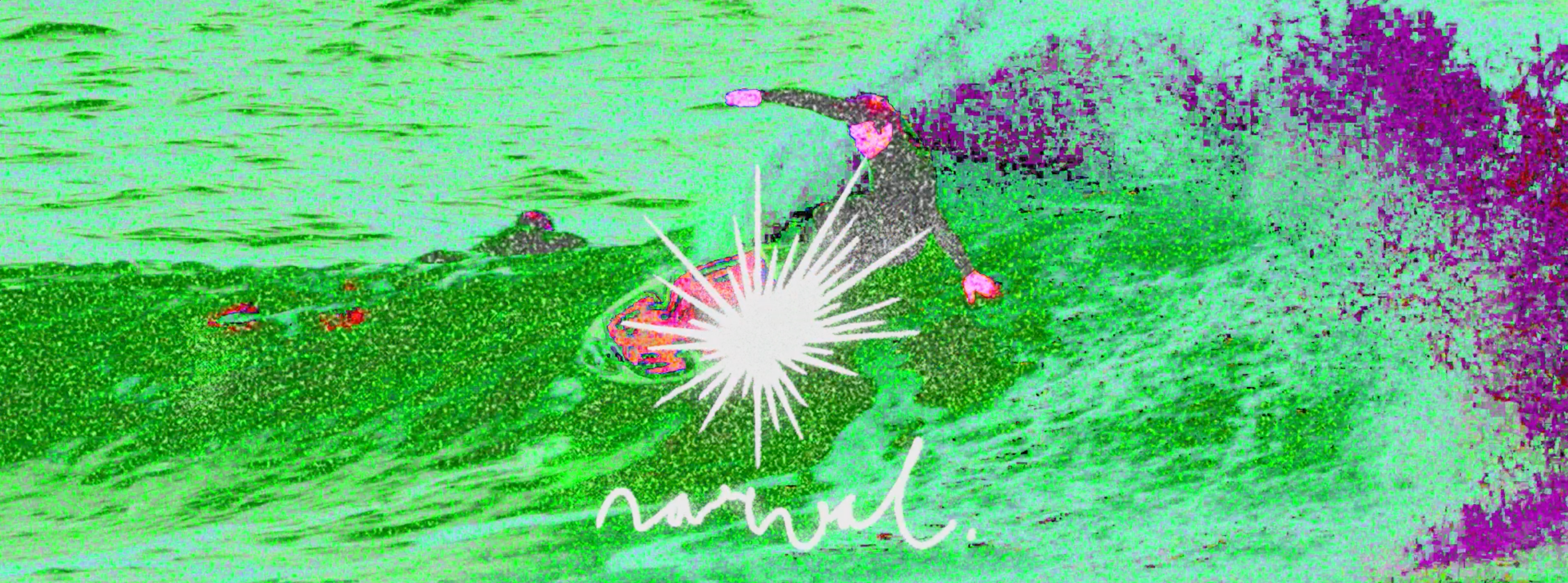 Surreal illustration of a person surfing with a star-like object, on a green and purple abstract background.